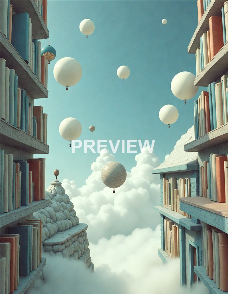 The image depicts a surreal scene with two tall, pastel-colored bookcases facing each other among clouds, with various-sized white and patterned balloons floating in the sky above.
